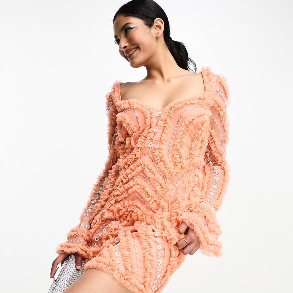 NWT ASOS Design Mini Dress flared sleeve embellished sequin ruffle mini dress
